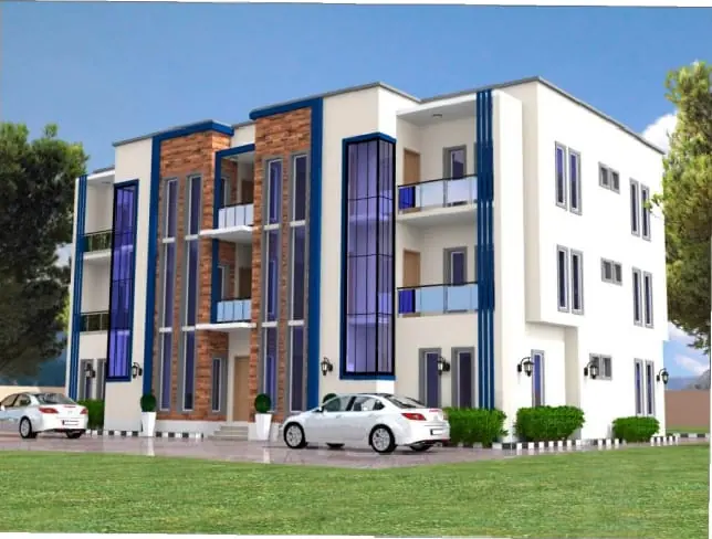 Render of a three-storey apartment block with brick and blue glazed feature bays