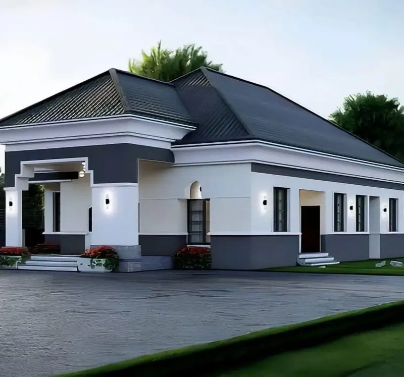 Render of a white and charcoal bungalow with a hipped roof and covered entrance